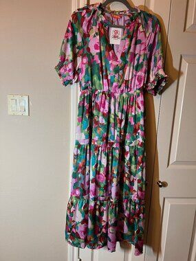 NWT Women's THML Getaway Maxi Dress Green Pink Floral Tiered Boho - Medium